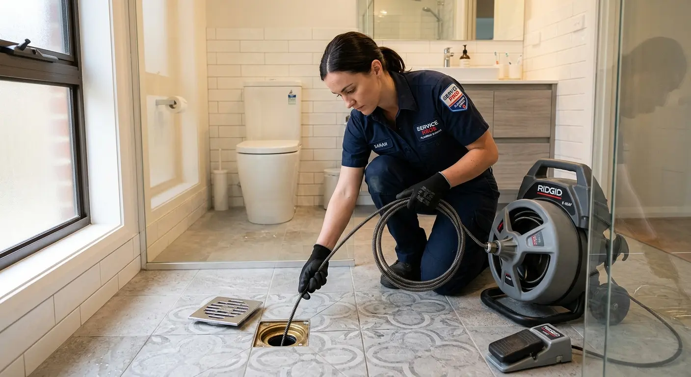 Technician clearing a bathroom floor drain for Sewer Line Installation in Andover